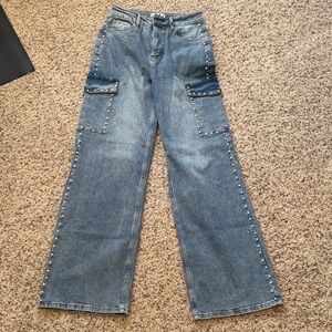 Pearl Detail Wide Leg Cargo High Rise Jeans